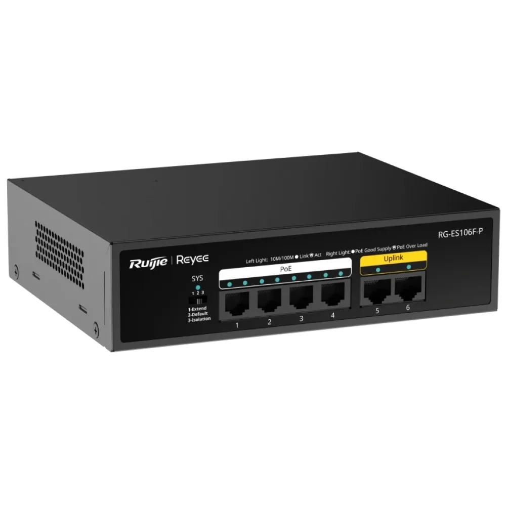 RG-ES106F-P RUIJIE REYEE 6-портовый 10/100Мб неуправляемый PoE коммутатор
